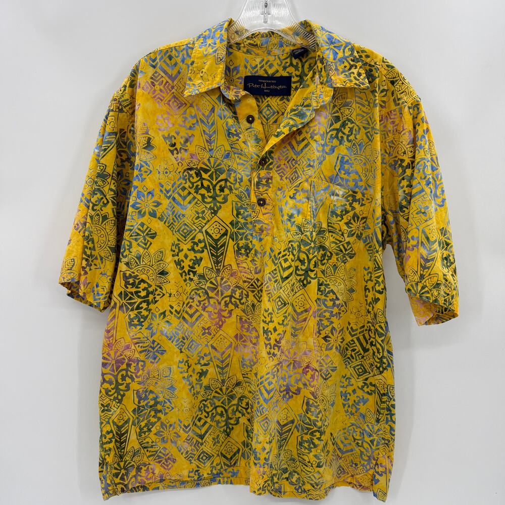 PETE HUNTINGTON Men's Popover Half Button Shirt Size L Hawaiian Hand Dyed Aloha